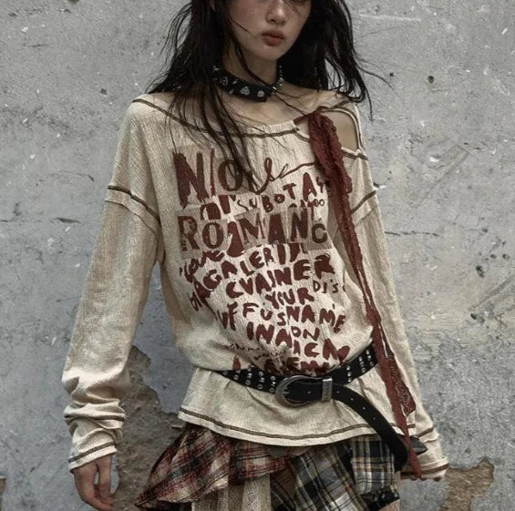 Retro Waste Distressed Long-sleeved T-shirt Top