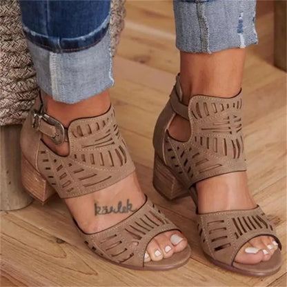 Cutout Floral Chunky Heels Women's Sandals