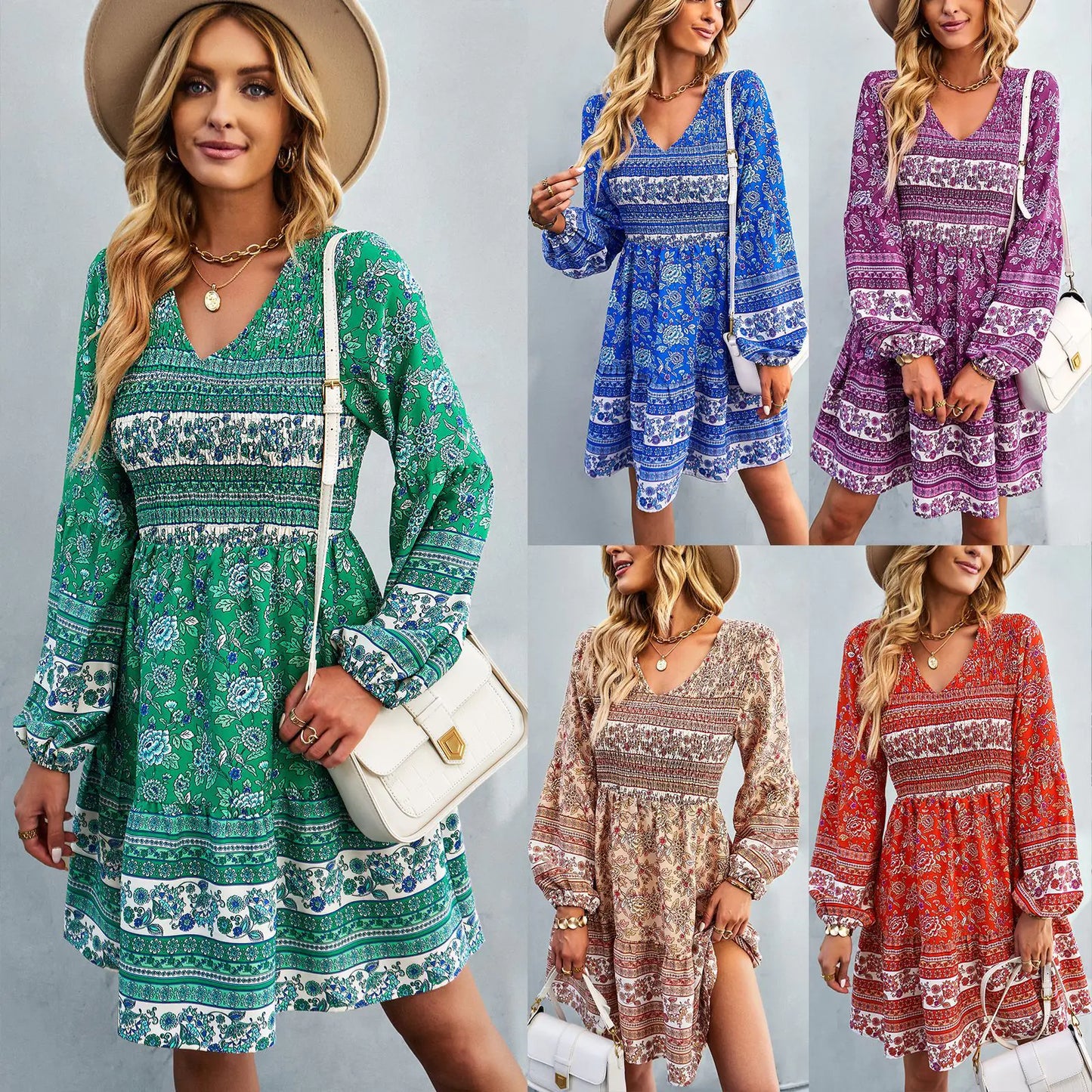 Bohemian Long Sleeve V-Neck Dress with Skirt