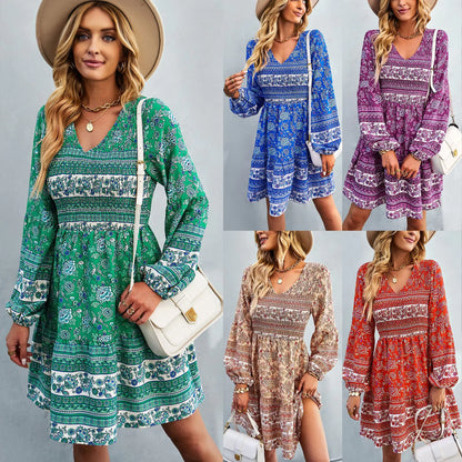 Bohemian Long Sleeve V-Neck Dress with Skirt