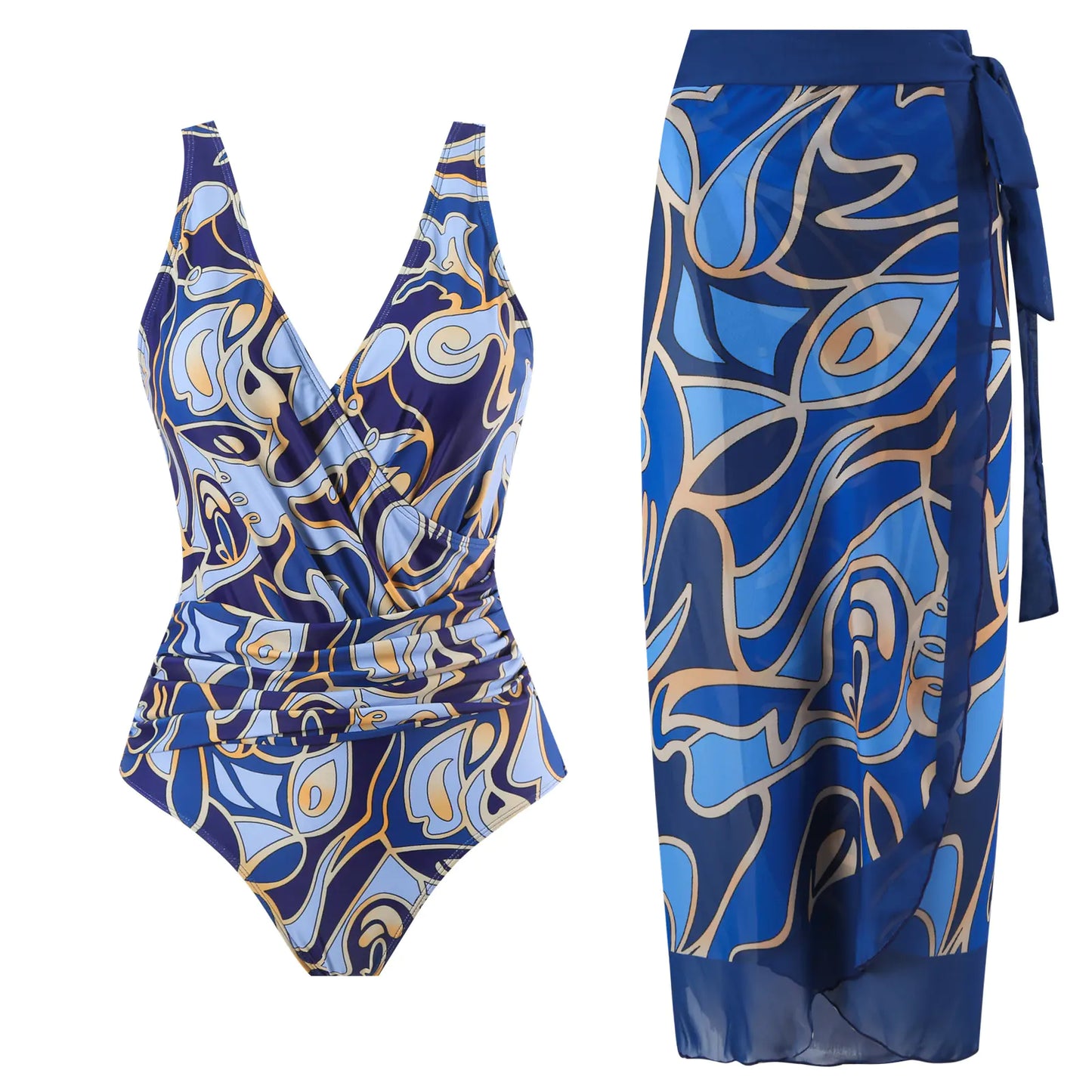 Plus Size Backless Swimsuit with Chiffon Beach Skirt