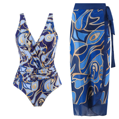 Plus Size Backless Swimsuit with Chiffon Beach Skirt