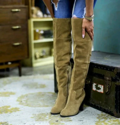 Knee-High Sheepskin Boots with Chunky Heels