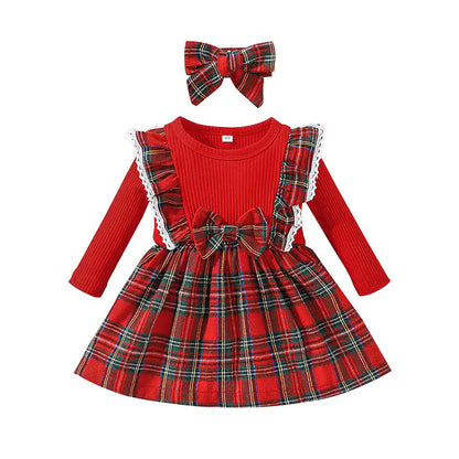 Plaid Long Sleeve Dress in Christmas Style for Girls