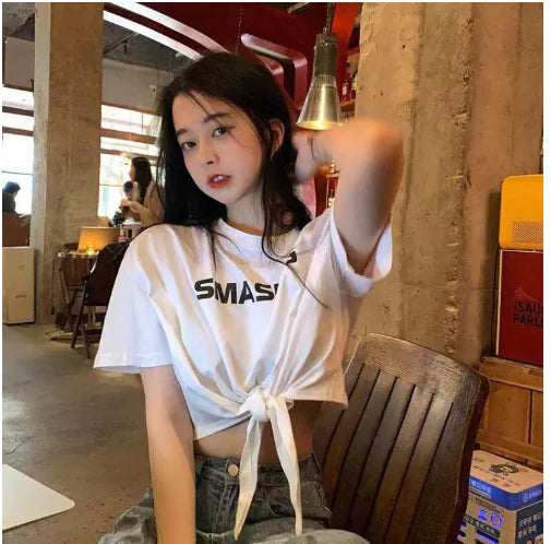 Vintage Summer Cropped Drawstring T-Shirt for Women