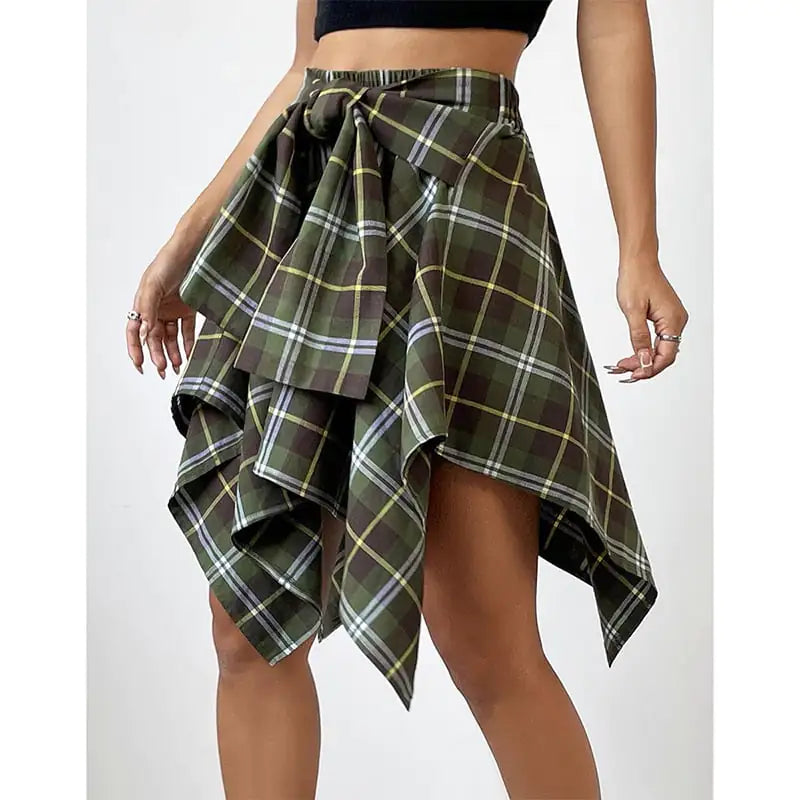 High Waist Irregular Plaid Skirt for Women