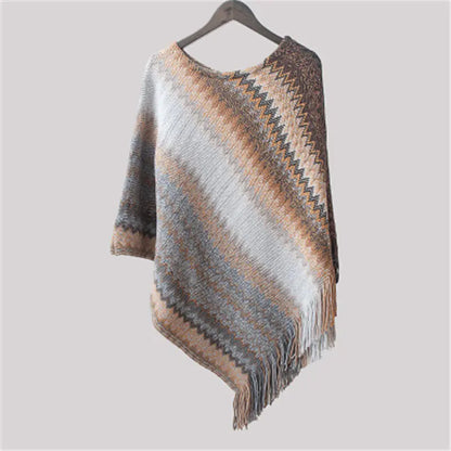 Wavy Batwing Knit Poncho with Fringe Sweater Coat