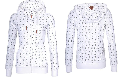 Hooded Zipper Print Fleece Sweater for Women