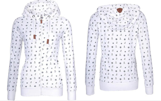 Hooded Zipper Print Fleece Sweater for Women