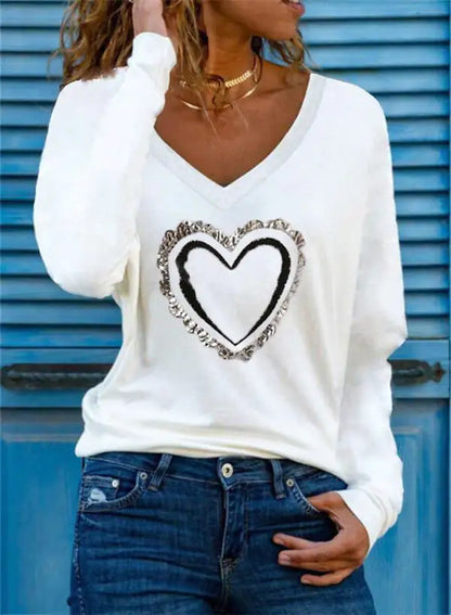 Heart Pattern V-neck Long-sleeve Women's T-shirt