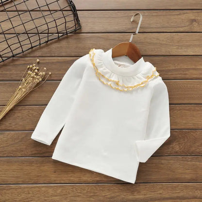 Girls' Solid Color Lace Round Neck T-shirt