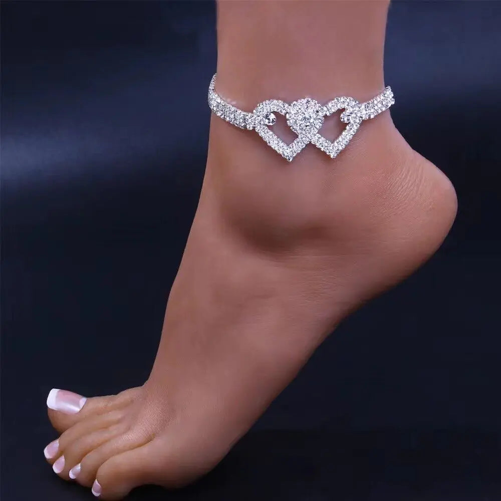 Double Heart Anklet Bracelet Love Barefoot Chain Bling Crystal Ankle Bracelet