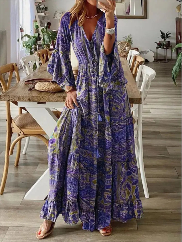 Bohemian Beach Maxi Dress with Floral Print for Women