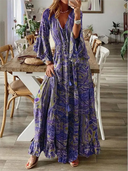 Bohemian Beach Maxi Dress with Floral Print for Women