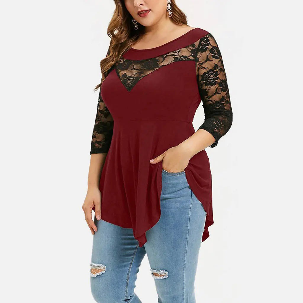 Spring Plus Size Floral Lace Top with Sheer Hem
