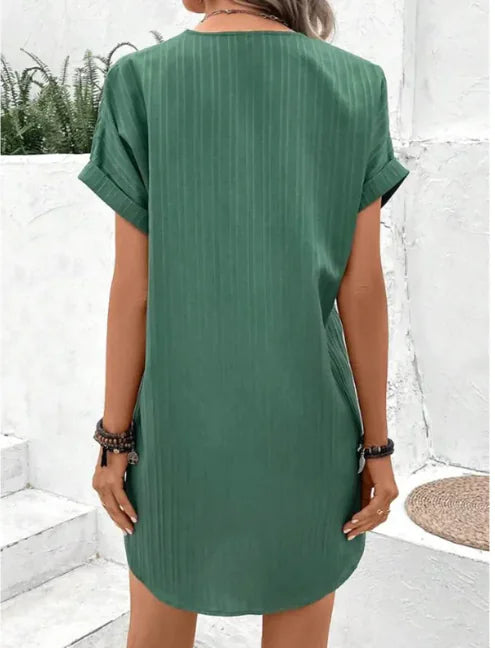 V-Ausschnitt Kurzarm-Knopfkleid