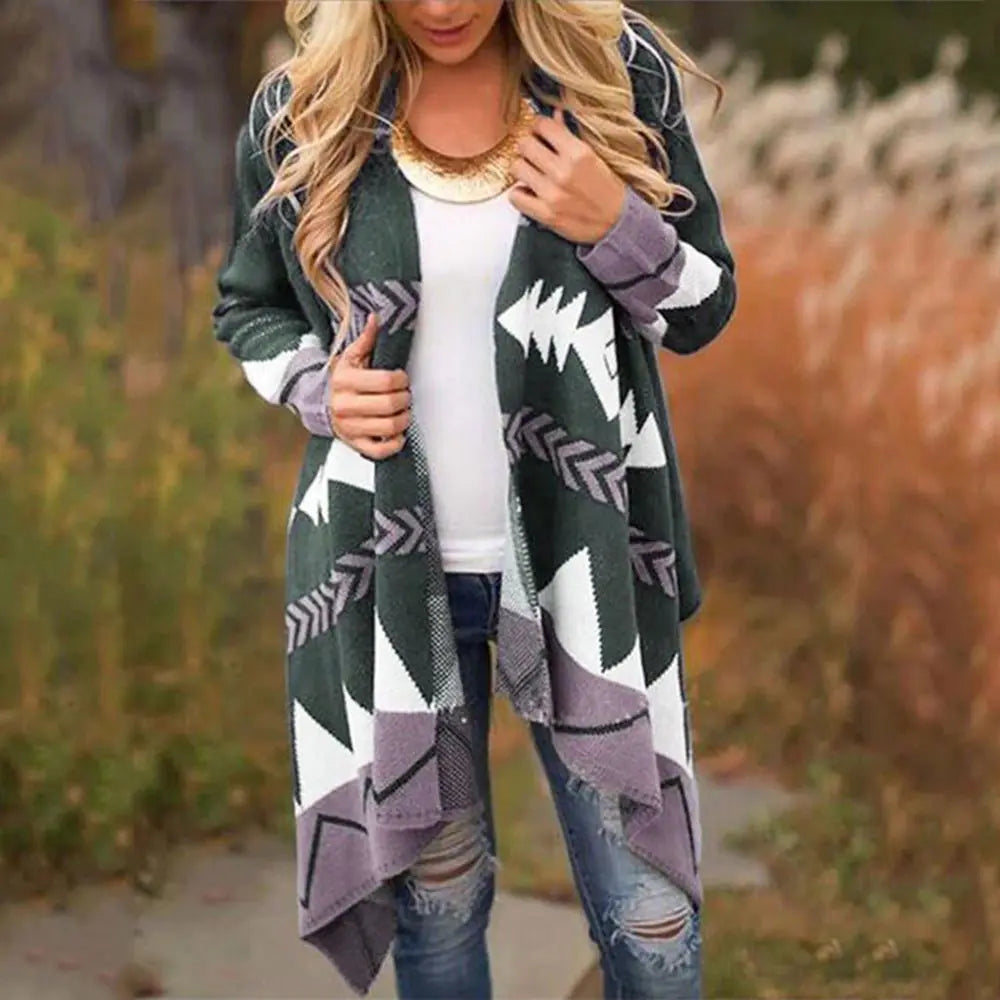 Geometric Print Long Knit Cardigan for Women