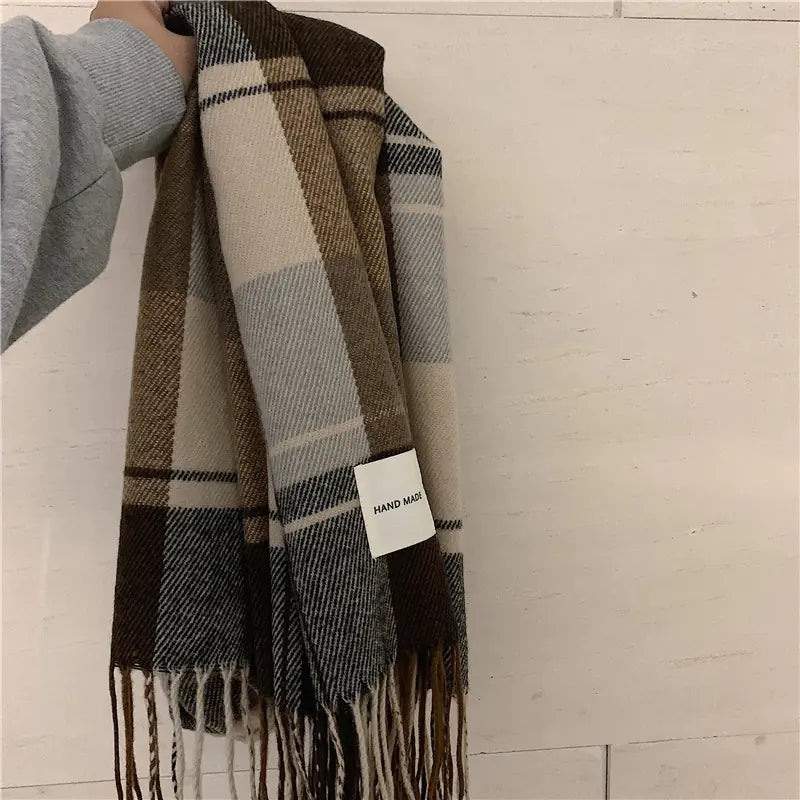Versatile Retro Plaid Scarf with Tassels for Women