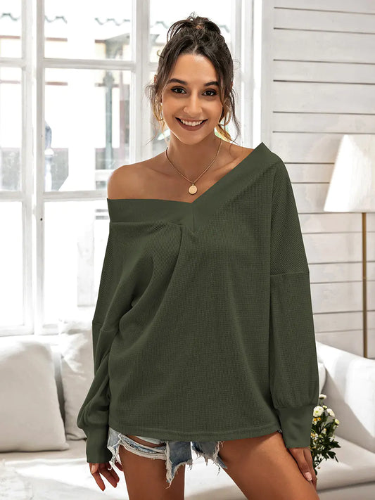 Casual Loose Fit V-Neck Long Sleeve Top for Women