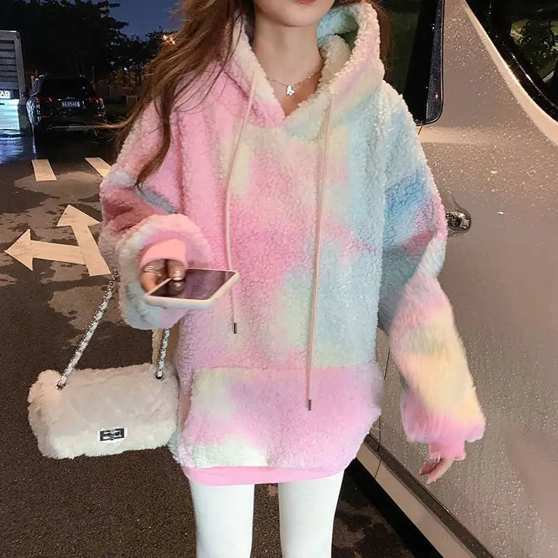 Thick Tie-Dyed Hooded Sweater with Lambswool Fleece