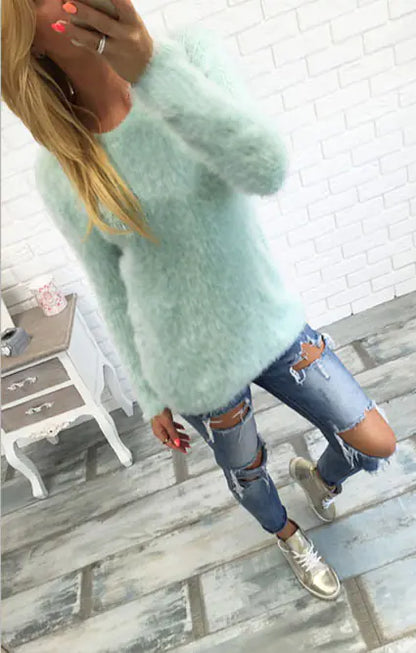 Round Neck Sweater, Long Sleeve Plush Top