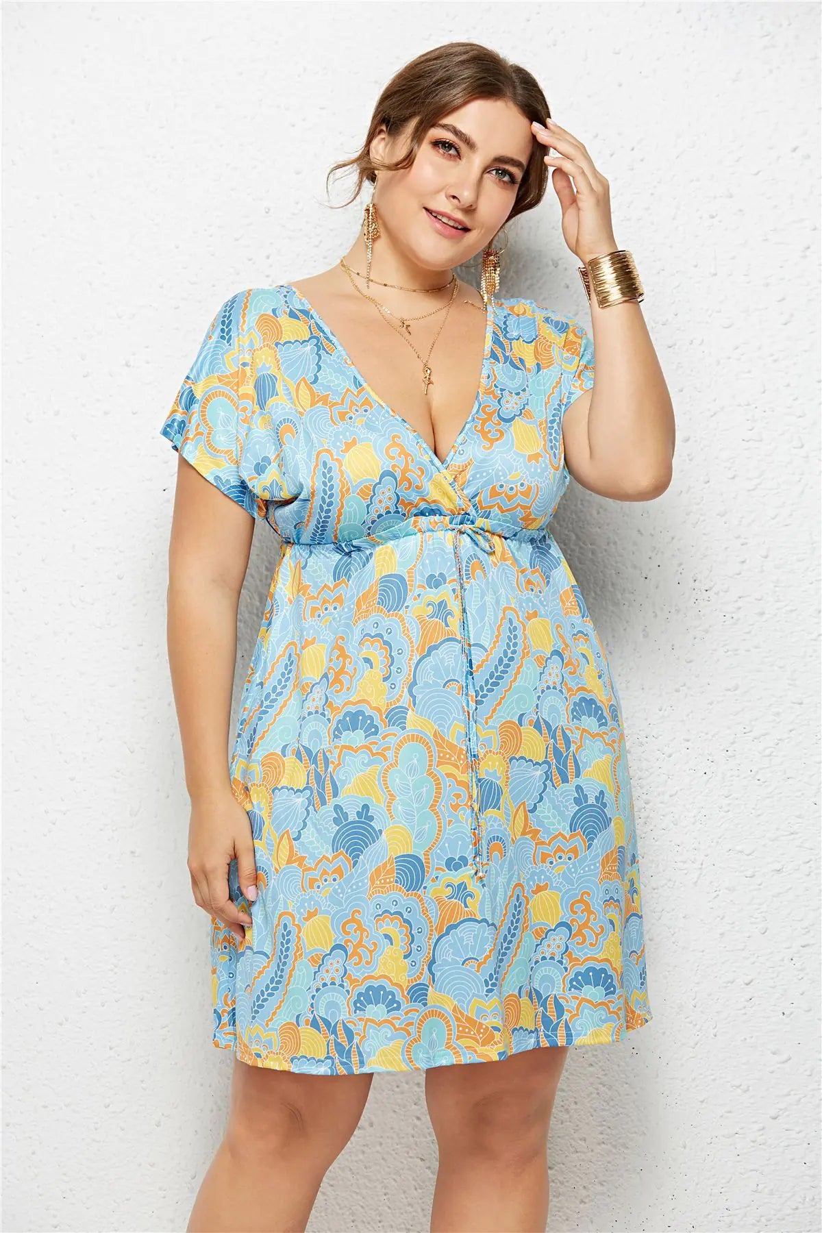 Printed Deep V-Neck Dress with Elastic Waist - Trendy Attic Store01