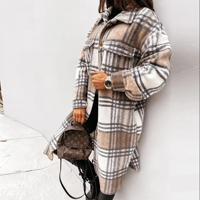 Women's Long Sleeve Wool Plaid Trench Coat for Fall