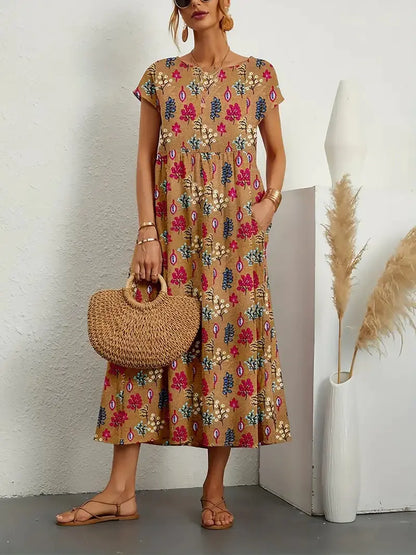 Loose Cotton Linen Sleeveless Printed Summer Dress