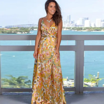 Damen Maxi-Kleid mit hohem Schlitz, ärmellos, V-Ausschnitt, Sommerkleid