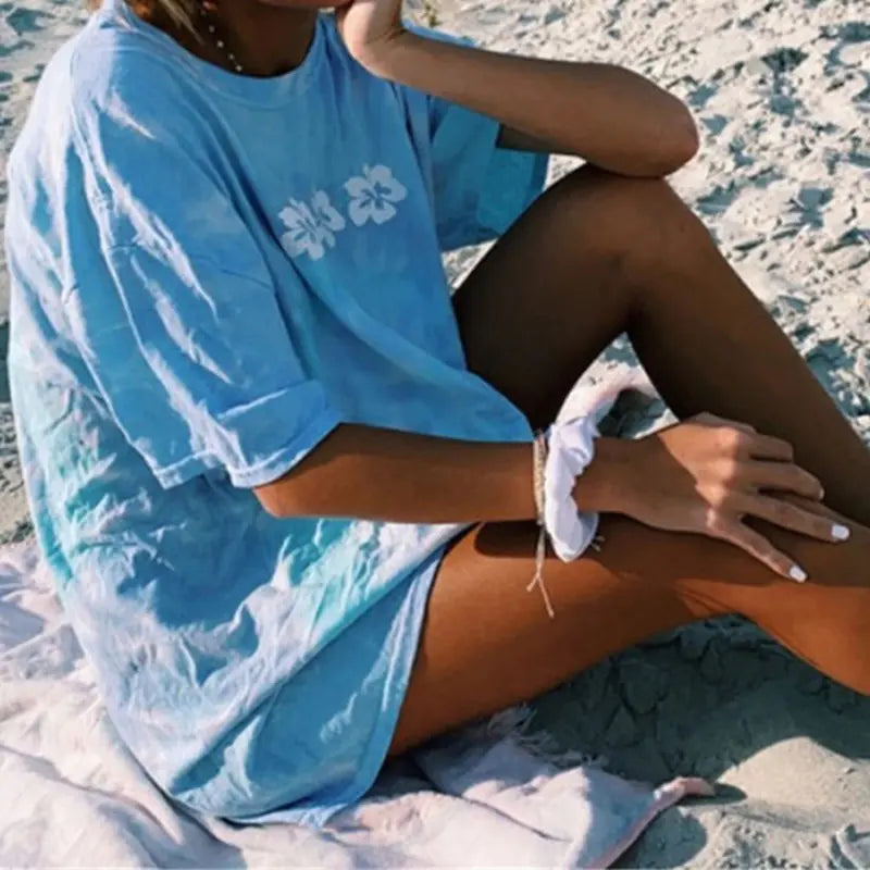 Blaues T-Shirt mit Blumenmuster für Damen – Lässige kurze Ärmel