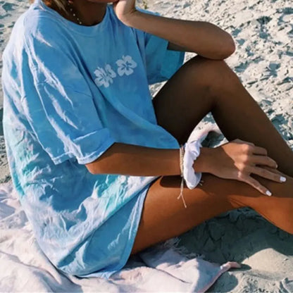 Blaues T-Shirt mit Blumenmuster für Damen – Lässige kurze Ärmel