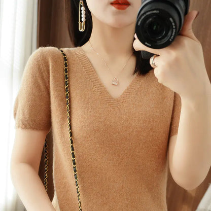 Women's V-Neck Short Sleeve Knit Sweater
