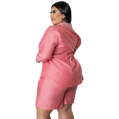 Plus Size Summer Two Piece Set for Women - Striped Shirt