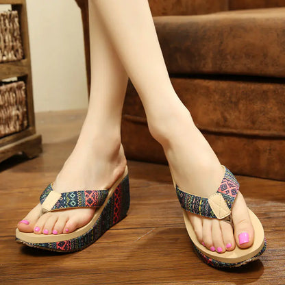 Ethnic Style Wedge Flip Flops with Thick Sole