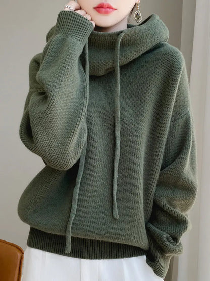 Thick Wool Hooded Sweater for Women - Cozy Knitted Top