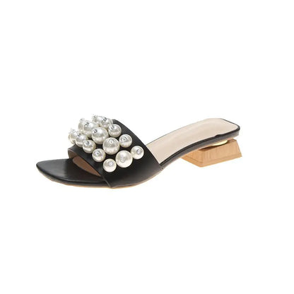 Beaded Rhinestone Women's Sandals with Thick Heel
