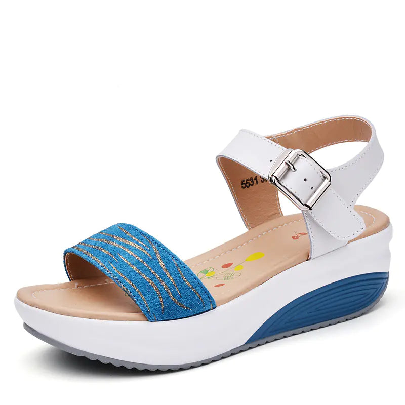 Leather Wedge Mid-Heel Sandals with Thick Soles