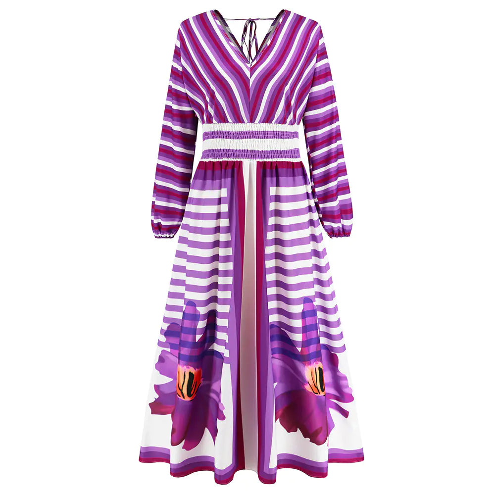 Women's Long Sleeve V-neck Printed Swing Dress