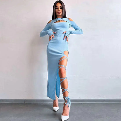 Women's Hollow-out Long Sleeve Split Dress Leggings