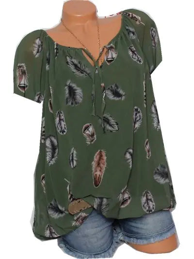 Loose Fit V-Neck Short Sleeve Feather Print Shirt