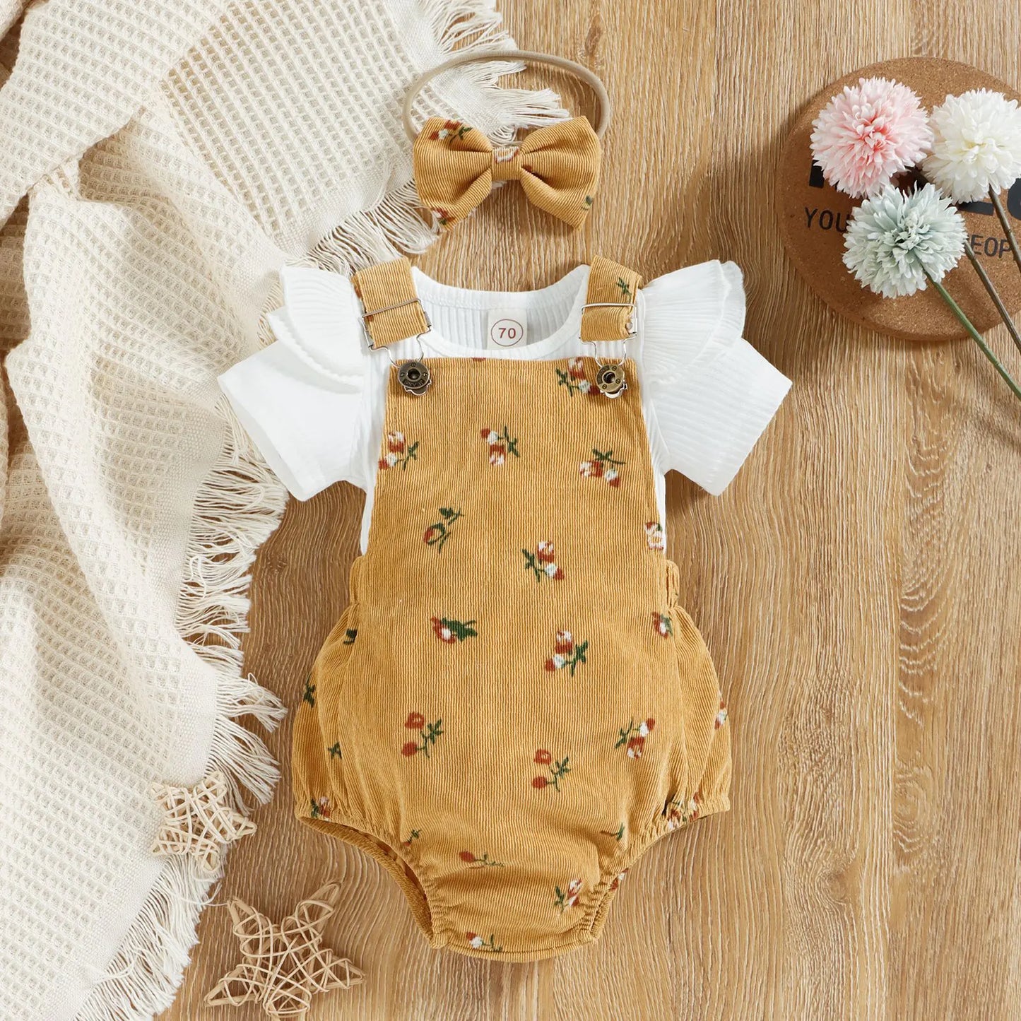Girls' Floral Corduroy Suspender Pants Set with Headband