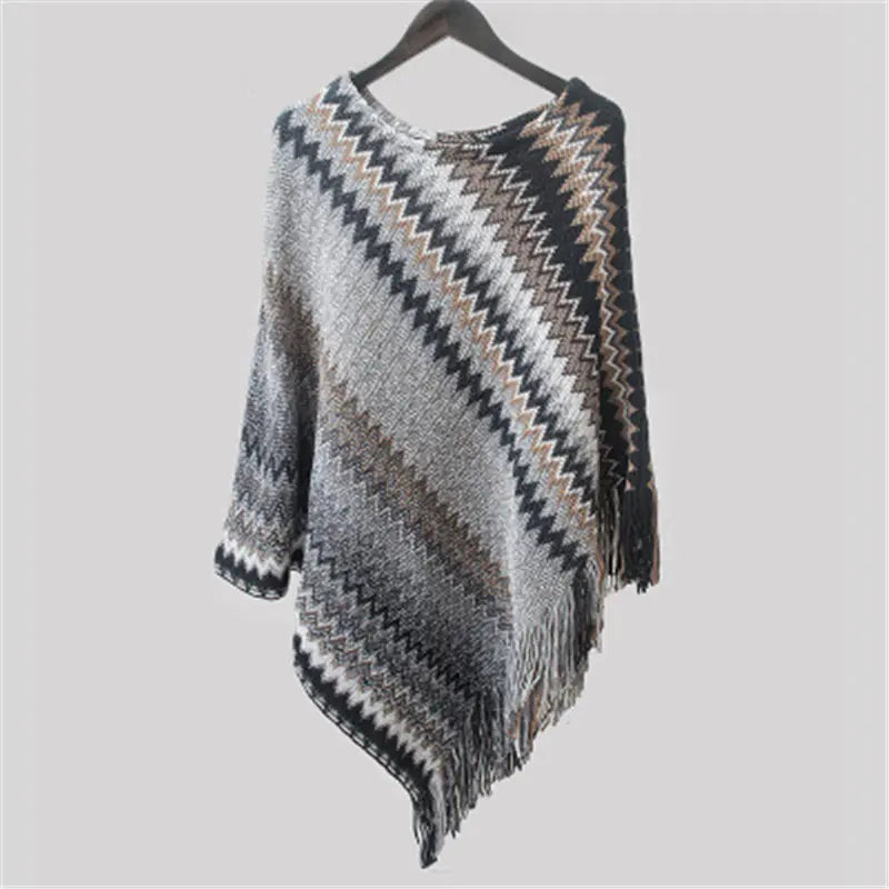 Wavy Batwing Knit Poncho with Fringe Sweater Coat
