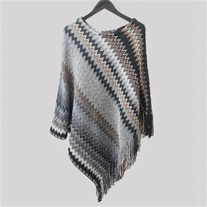 Wavy Batwing Knit Poncho with Fringe Sweater Coat