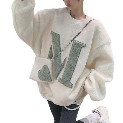 Women's Thick Plush Letter Sweatshirt with Crossbody Bag