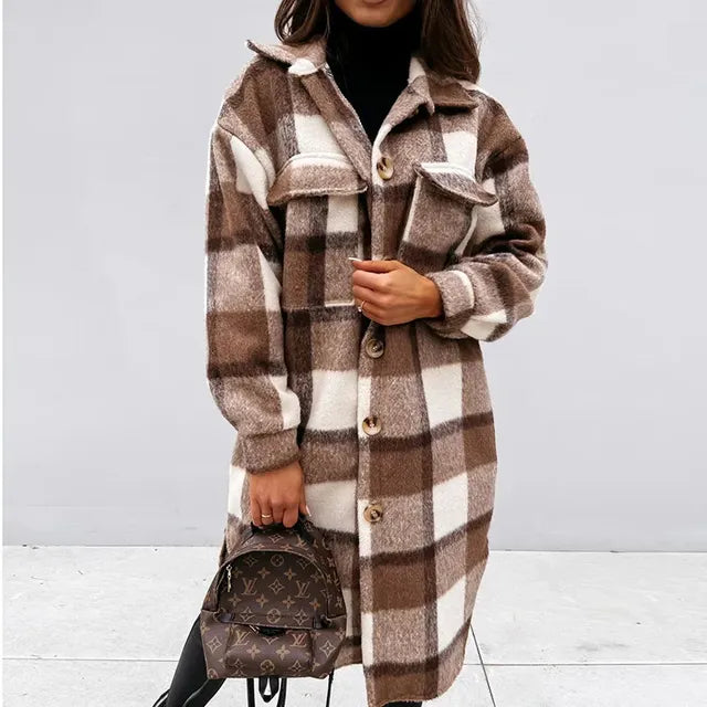 Women's Long Sleeve Wool Plaid Trench Coat for Fall