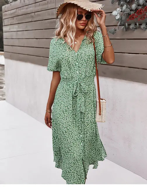 Blumen-Sommer-Midikleid für Damen mit V-Ausschnitt